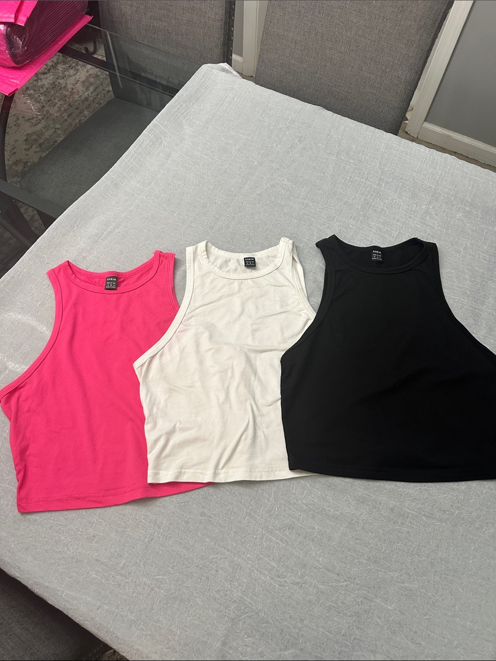 3 - Crop Tank Tops - Pink, White & Black
